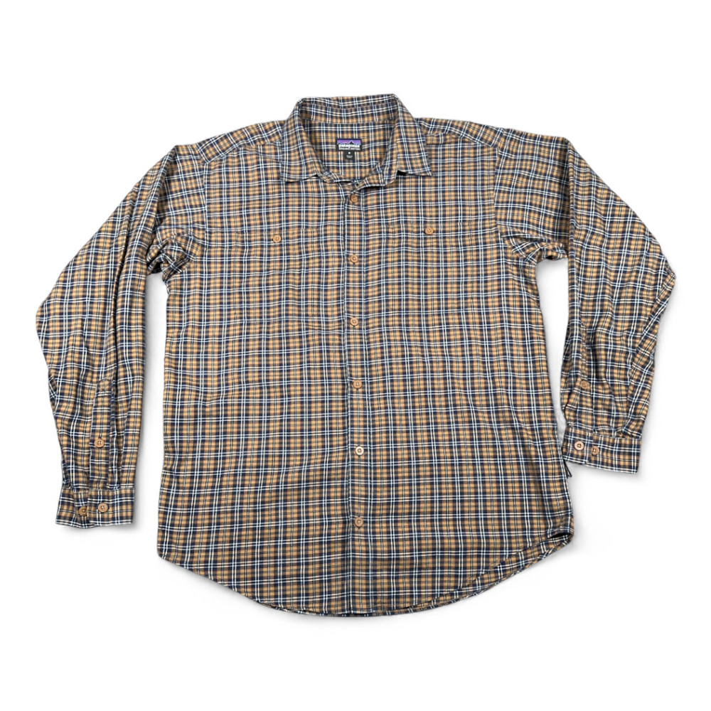 Patagonia Shirt Adult MEDIUM Brown Blue Plaid Flannel Organic Cotton Outdoor